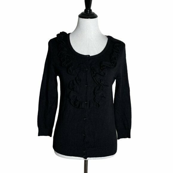 Linda Matthews Ruffle Cardigan Sweater Women‎ MP Black Cozy Soft Preppy Office - Picture 1 of 9
